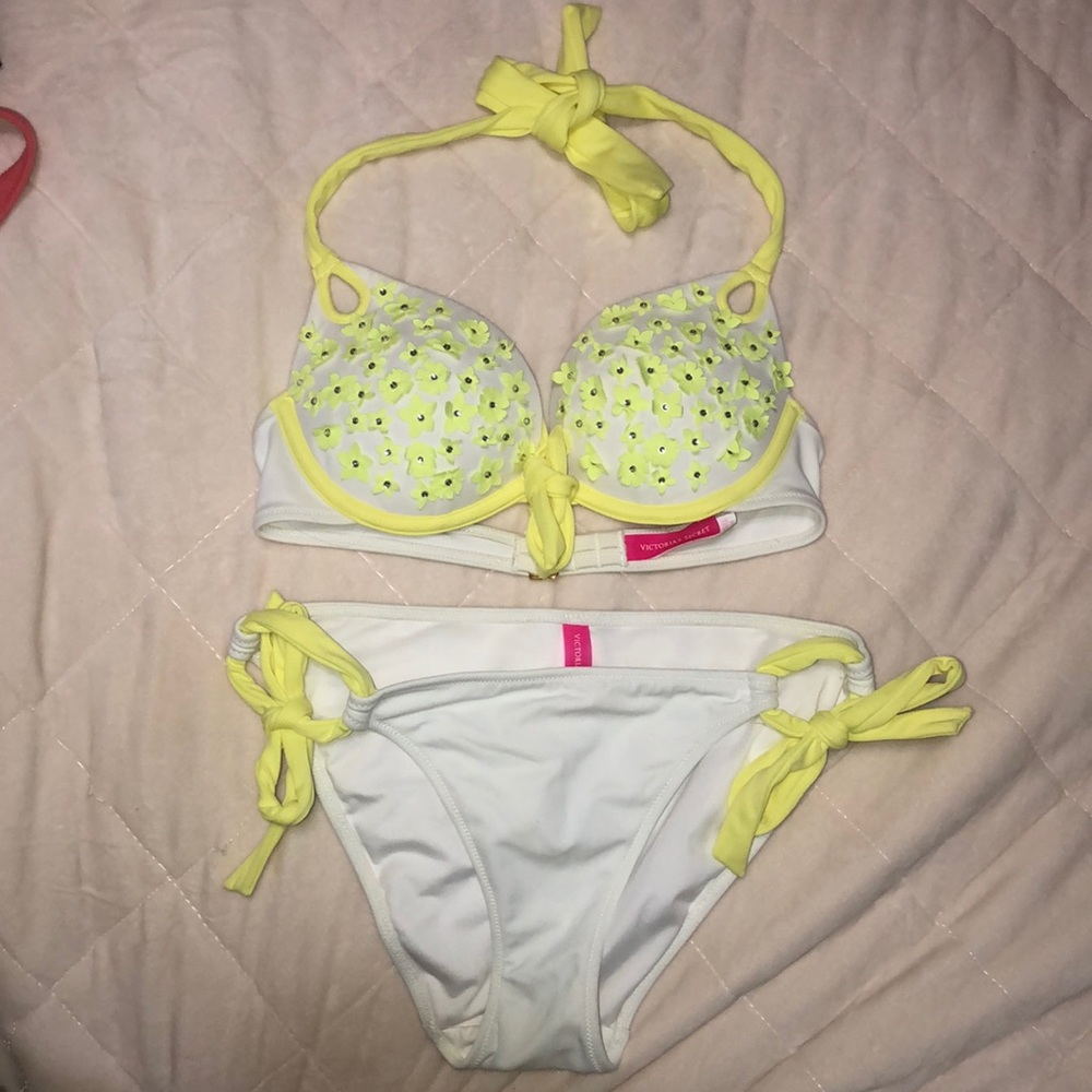 Neon yellow and white bikini
